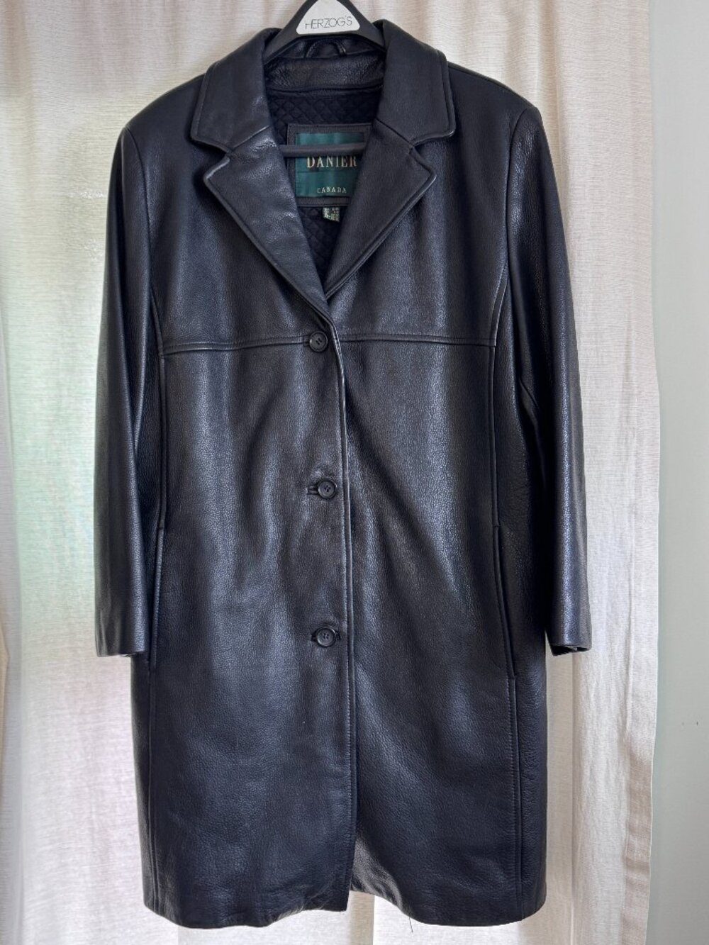 Danier Canada Black Leather Car Coat Quilted Lining M/L